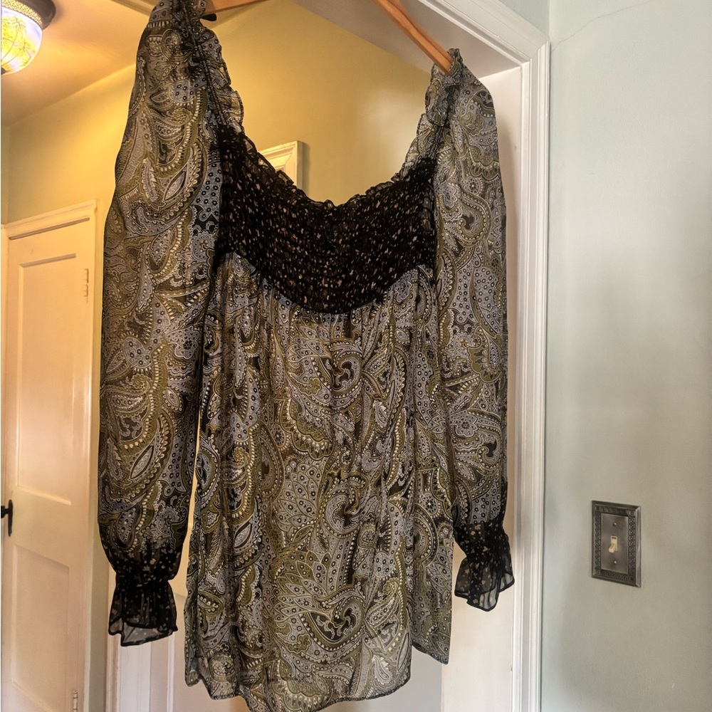 Laundry By Shelli Segal Olive and Black Paisley Smocked Blouse (circa 2002)